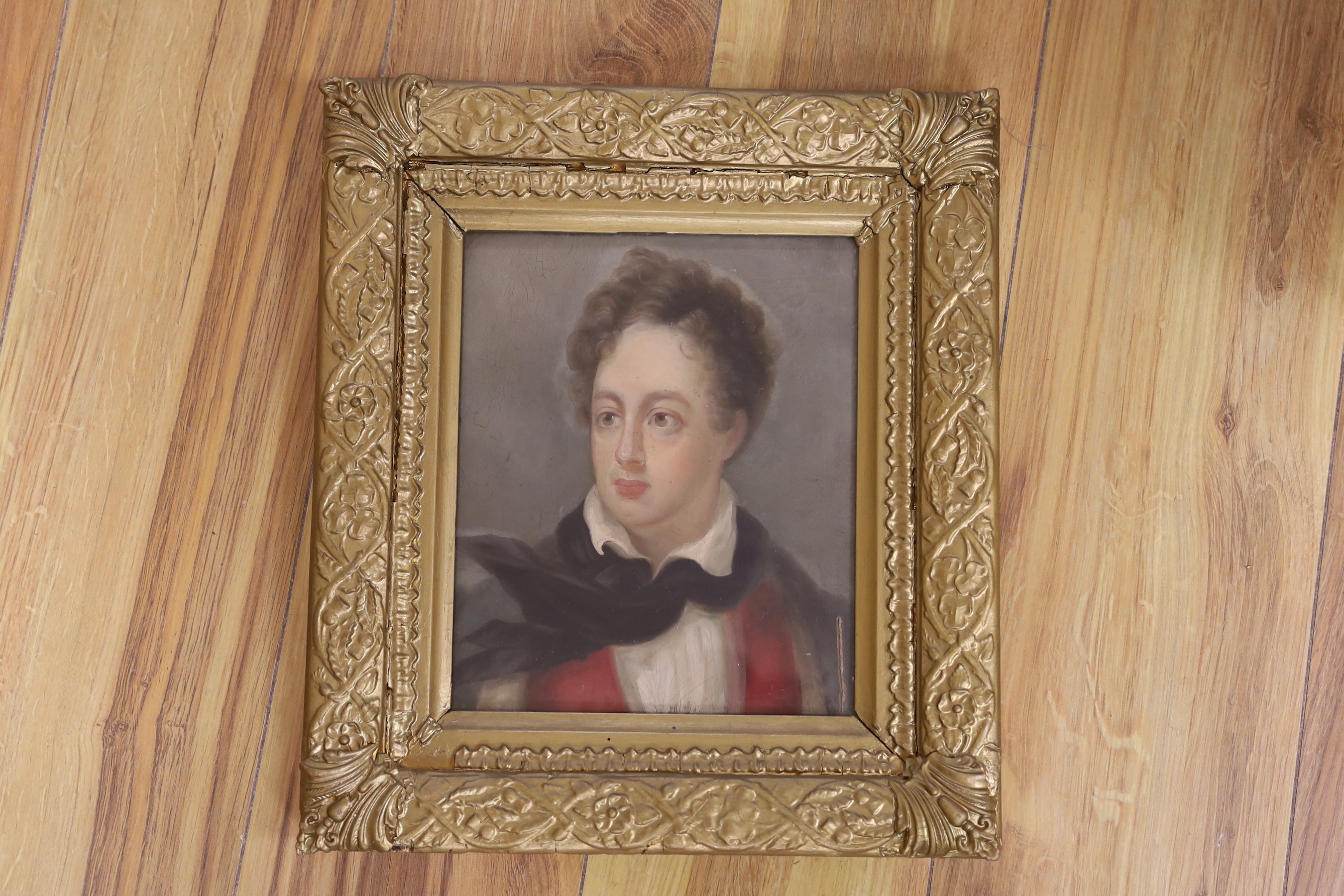 Mid 19th century English School, oil on board, Portrait of Lord Byron, 23 x 19cm